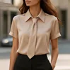 Women's Short Sleeve Blouse With Neck Tie Collar Elegant Office Shirt 2 Women's Short Sleeve Blouse With Neck Tie Collar Elegant Office Shirt 2
