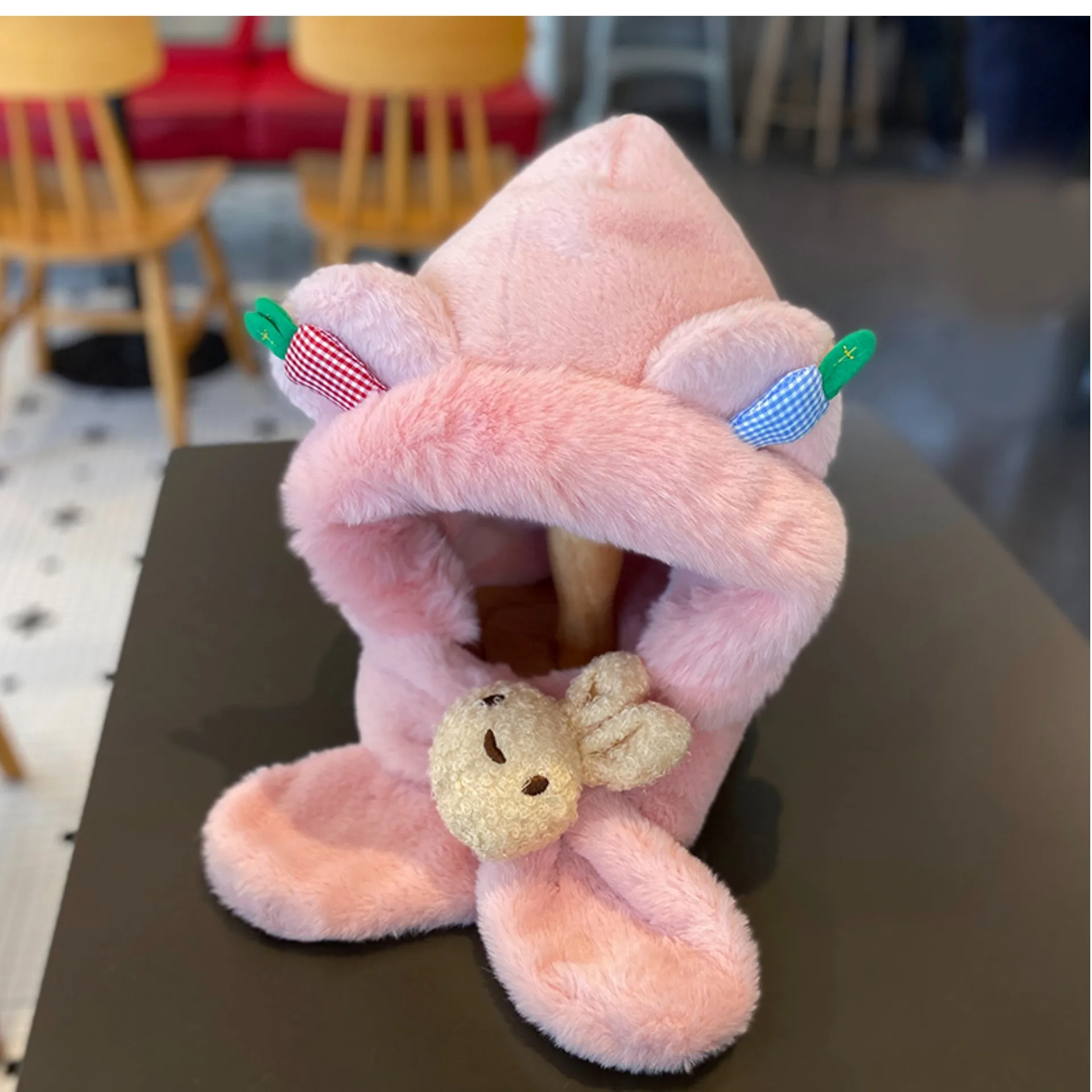 Girls Fluffy Hat Hooded Scarf Kids Cartoon Deign Pink Children Soft Plush Winter Windproof Ear Warmer Cap Scarves Boys 1-6T