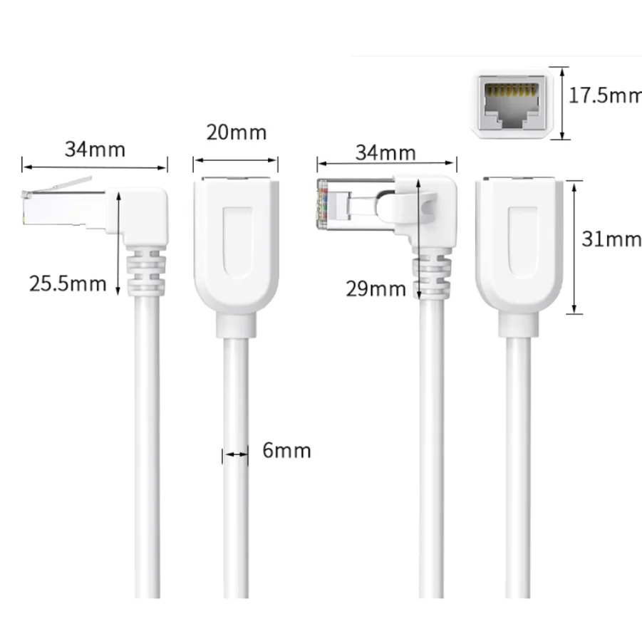 Ethernet Cable 90 Degree Ethernet LAN Cat6 RJ45 Male to Female Extension for PC Laptop Router Modem