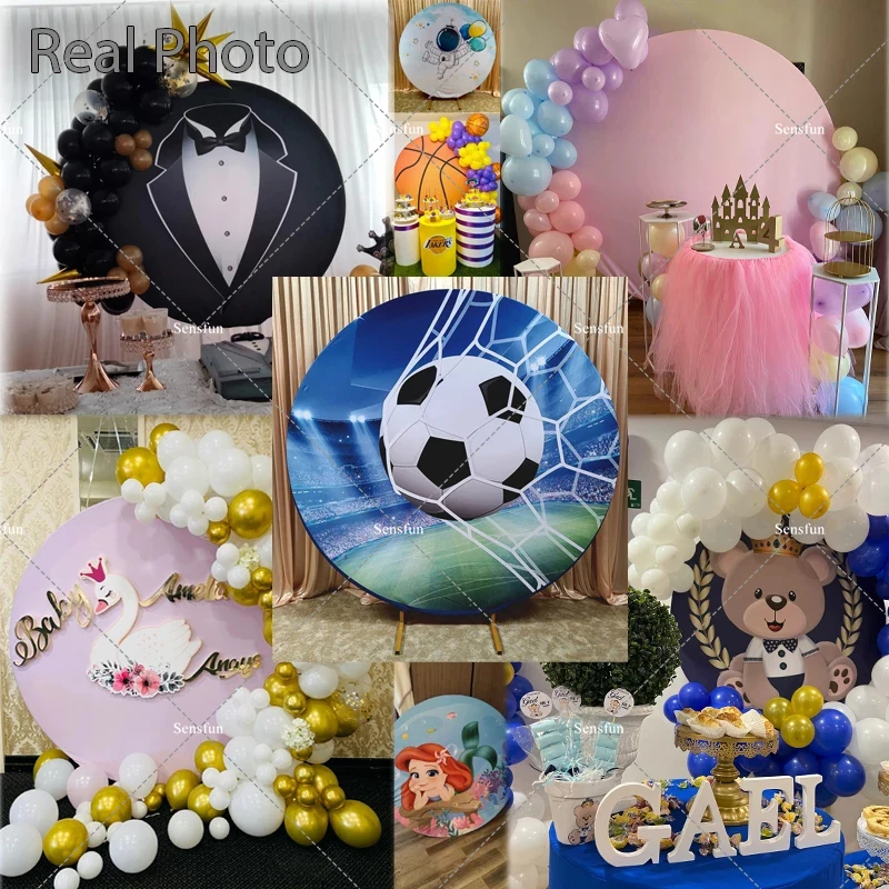 Baby Blue Mickey Mouse Round Backdrop Cover Balloonss Cake Little Boys 1st Birthday Party Circle Background Cylinder Covers