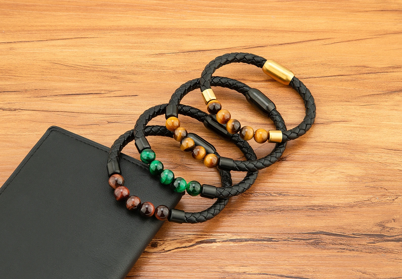 TYO High Quality Natural Stone Tiger Eye Beaded Bracelets Woven Leather Bangles Men Classic Fashion Magnet Clasp Jewelry Gifts