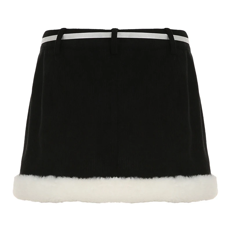 y2k Skirt Women Aesthetic Clothes Contrast Color Tie-up Low Waist Furry Patchwork Short Mini Skirt 2000s Streetwear