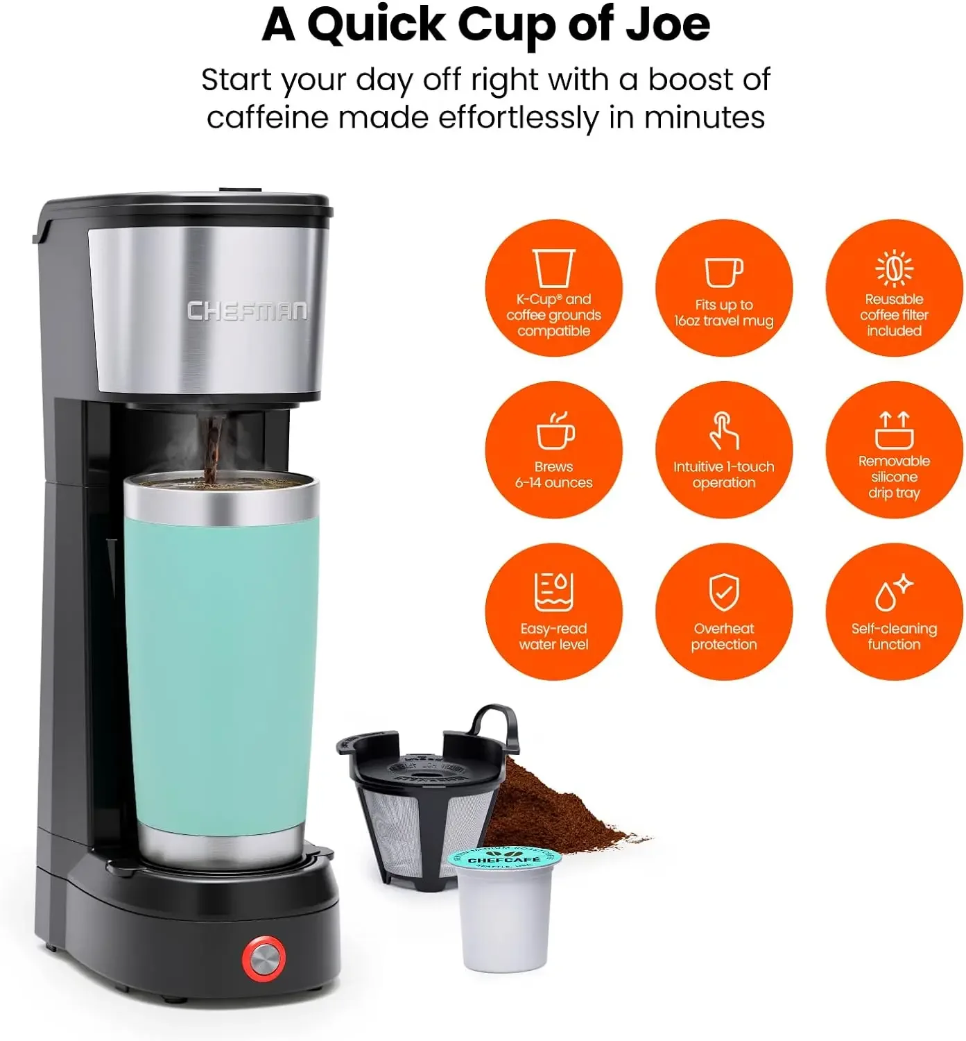 NEW Single Serve Coffee Maker: K-Cup & Ground Compatible, Single Cup 6-12 oz Portable Drip Coffee Machine with Filter