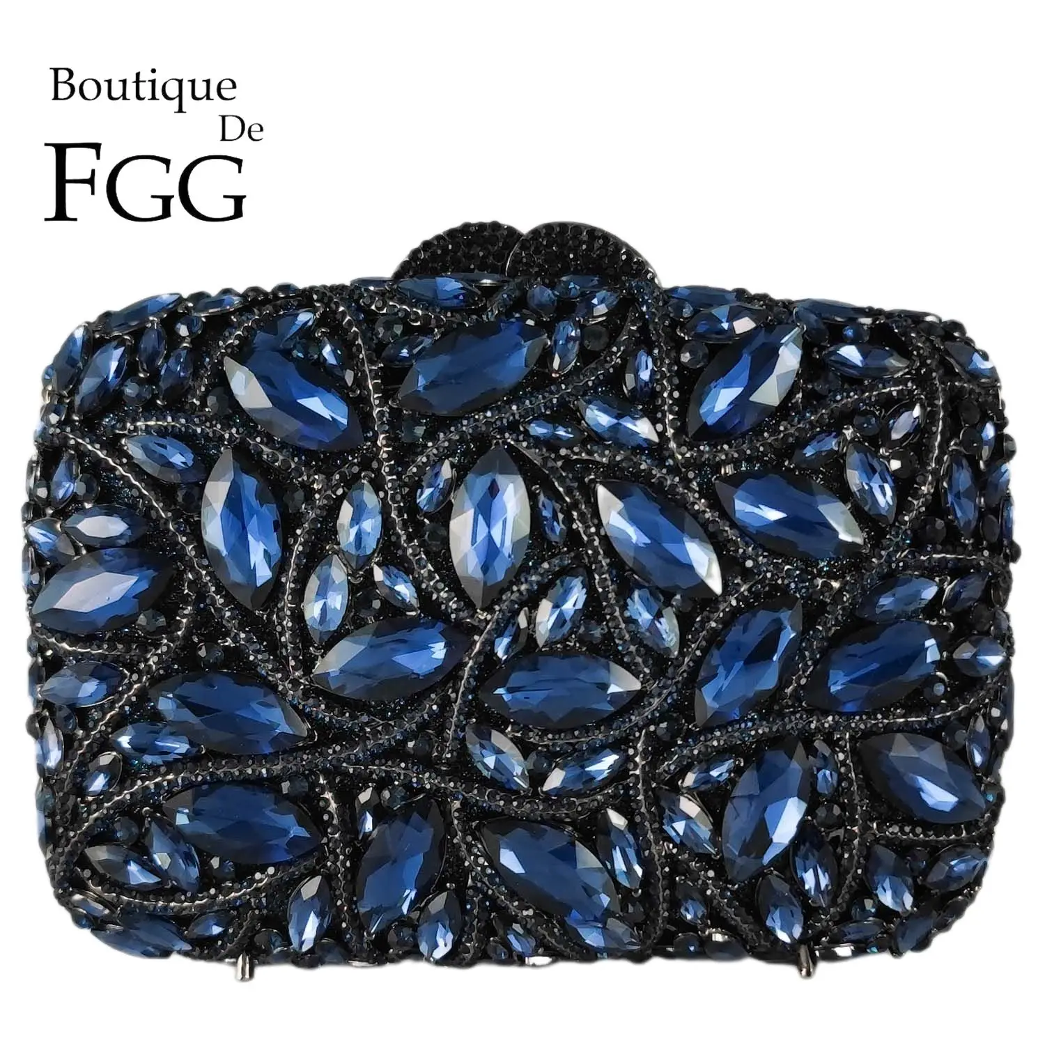 

Boutique De FGG Women Navy Crystal Clutch Evening Bags Wedding Party Blue Diamond Rhinestone Handbags Bridal Diamond Purses Bag