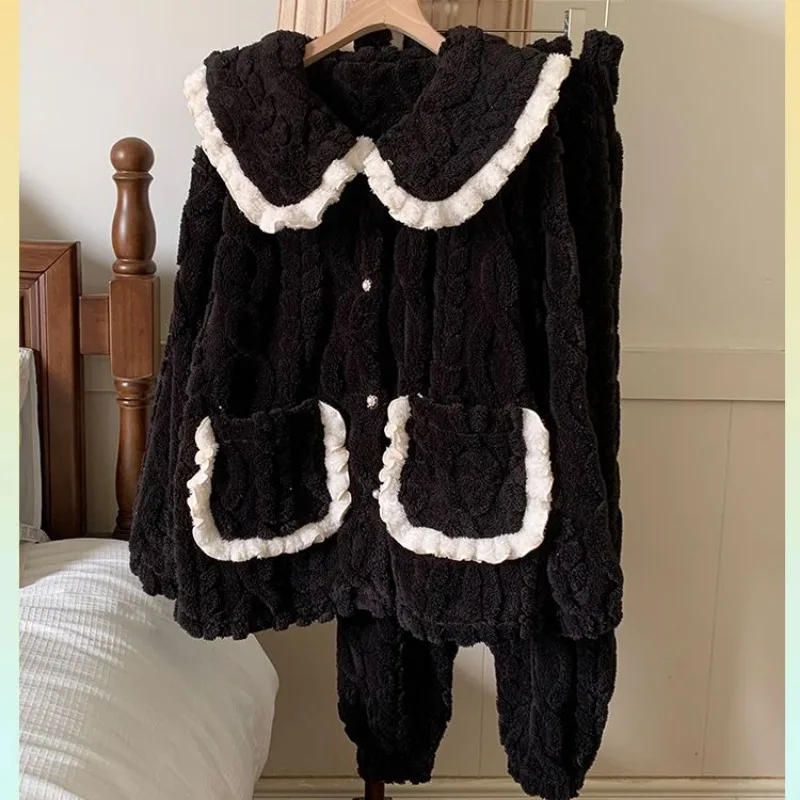 2024 New Coral Velvet Winter Pajamas Women's Casual Doll Collar Sleepwear Long Plush Long Sleeved Pants Homewear Two-piece Set