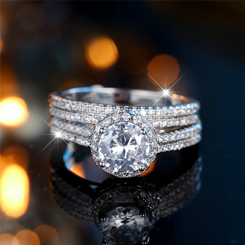 Crystal Female White Zircon Round Stone Ring Set Fashion Luxury Silver Color Bridal Wedding Engagement Jewelry For Women