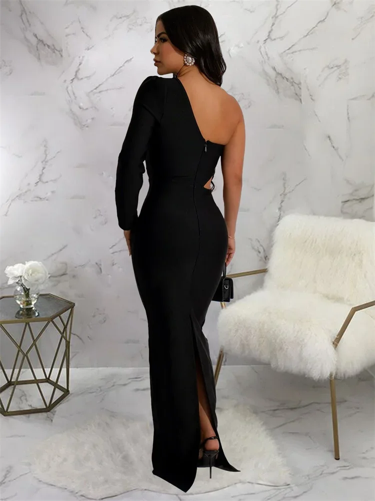 Wmsta Women Dresses Black Single Shoulder Long Sleeve Sexy Party Fashion Flower Nail Bead Evening Dress Wholesale Dropshipping