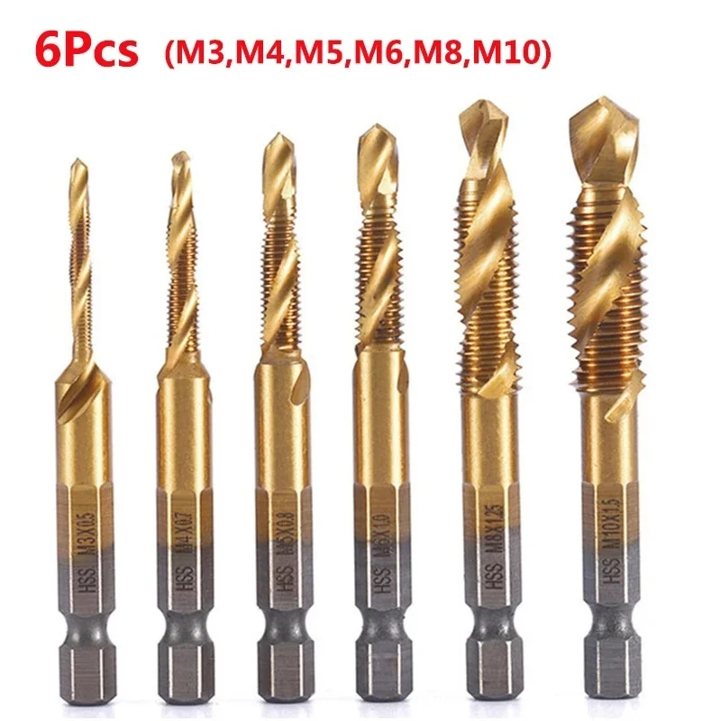 Description Picture 2 of item6Pcs Tap Drill Bit Set Hex Shank Titanium Plated HSS Screw Thread Bit Screw Machine Compound Tap M3 M4 M5 M6 M8 M10 Hand Tools