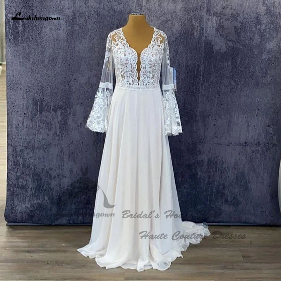 

Lakshmigown Sexy Backless Chiffon Long Sleeve Wedding Dresses Beach Summer 2024 A Line Plunging V Neck Boho Bridal Gowns