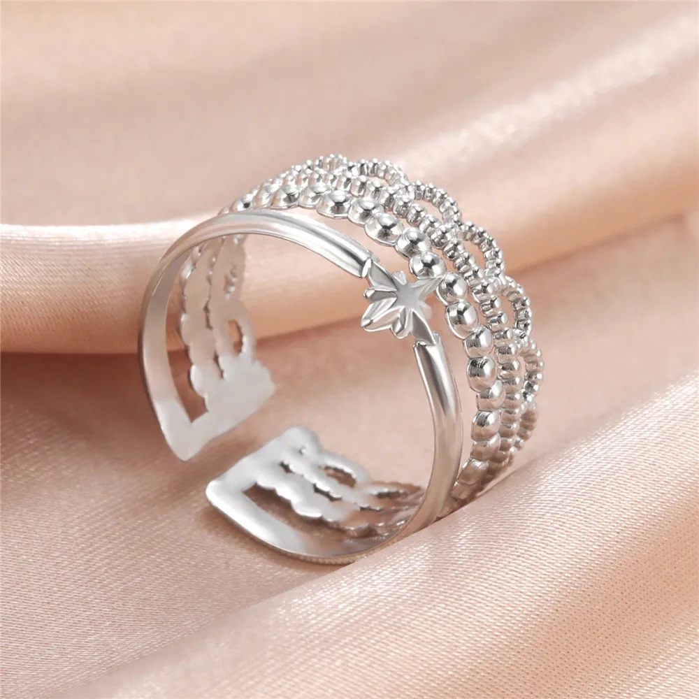 Stainless Steel Geometric Heart Adjustable Open Ring - Fashion Jewelry Gift