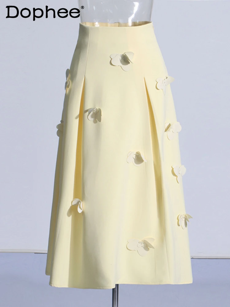 

Женская длинная юбка с высокой талией, желтая трапециевидная юбка составного кроя с цветочным украшением, весна-лето 2024