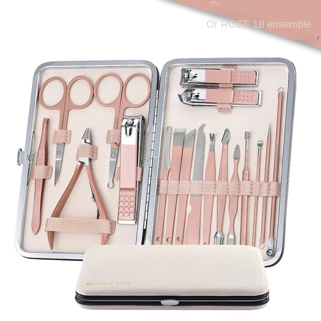 Manucure Kit professionnel en acier inoxydable, 18 outils de couleur