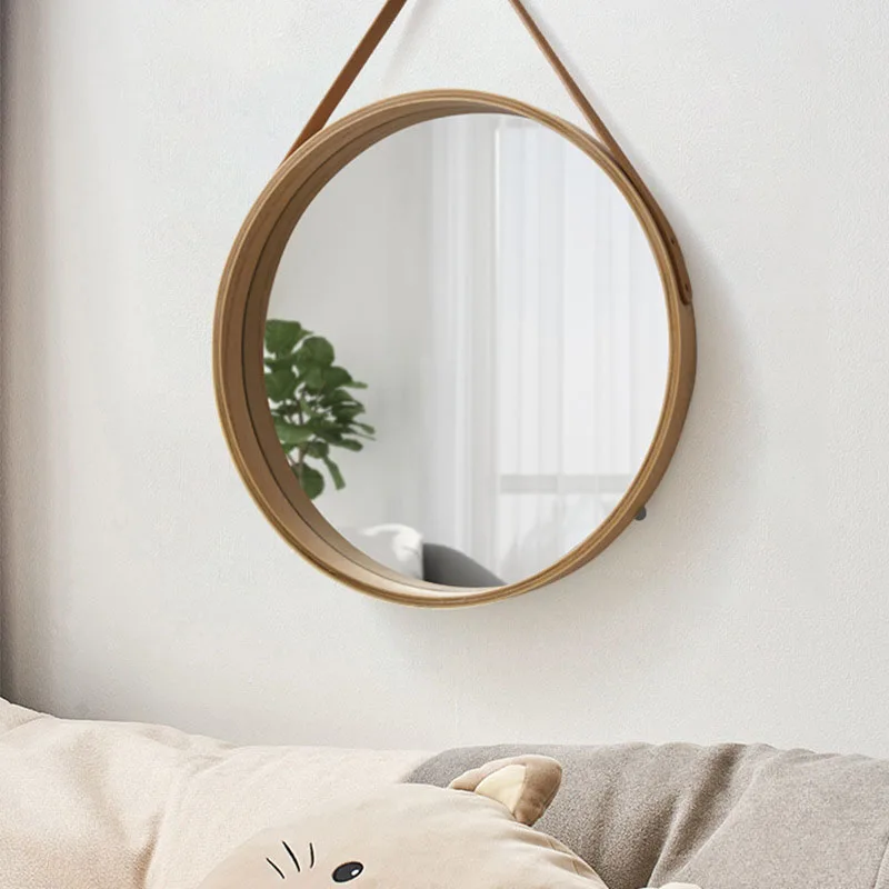 Perforation-free Vanity Mirror Wall-mounted Round Thickened Wooden Border Dressing Mirror Bathroom Mirror Makeup Mirror 2