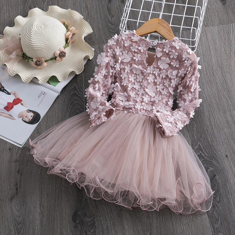 Autumn Long Sleeve Dresses for Girls Lace Flower Elegant Girls Dresses Kids Wedding Birthday Party Pageant Girl Clothes 3-8T,girls dress,kids clothes