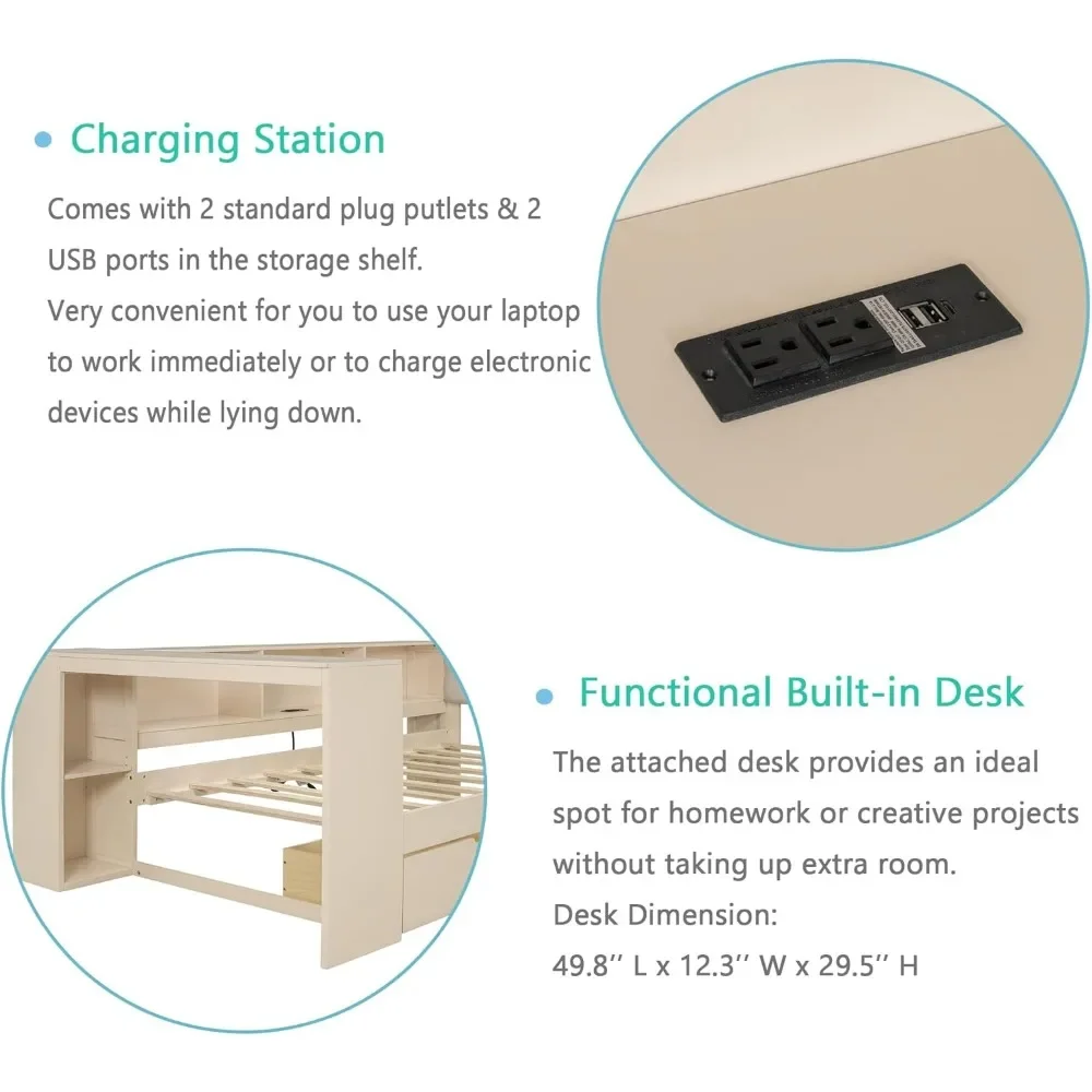 Full Size Wood Daybed with Storage Shelves Built in Desk Under Bed Drawers Charging Station and Upholstered Headboard 4