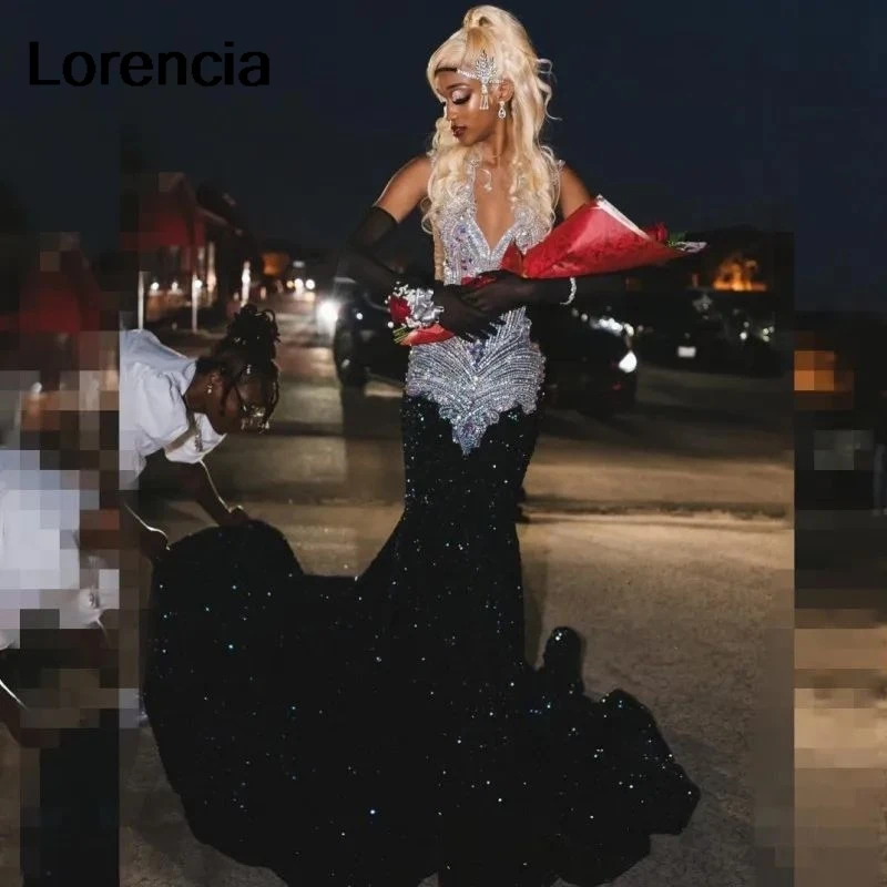 Lorencia glittery černá ples šaty pro černá holčičky stříbro korálkování drahokamu flitr mořská panna večírek talár vestidos de festa YPD53