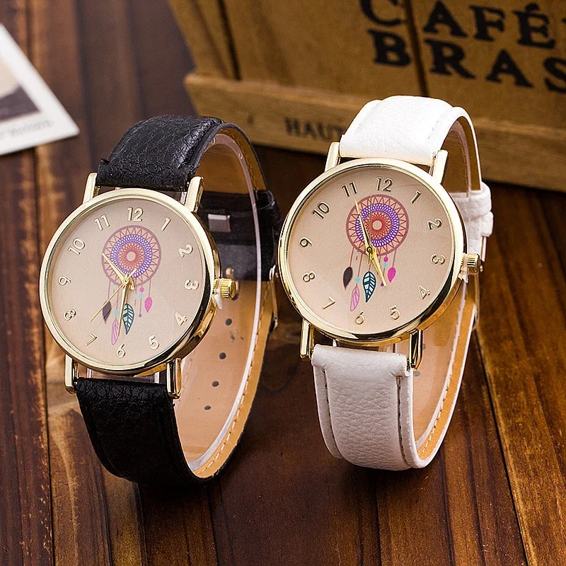 Orologi Casual Da Donna Fashion Dream Catcher Flower Quartz For Watch Black Leather Women Pink Dress Orologi Regali Reloj Mujer Muslimah