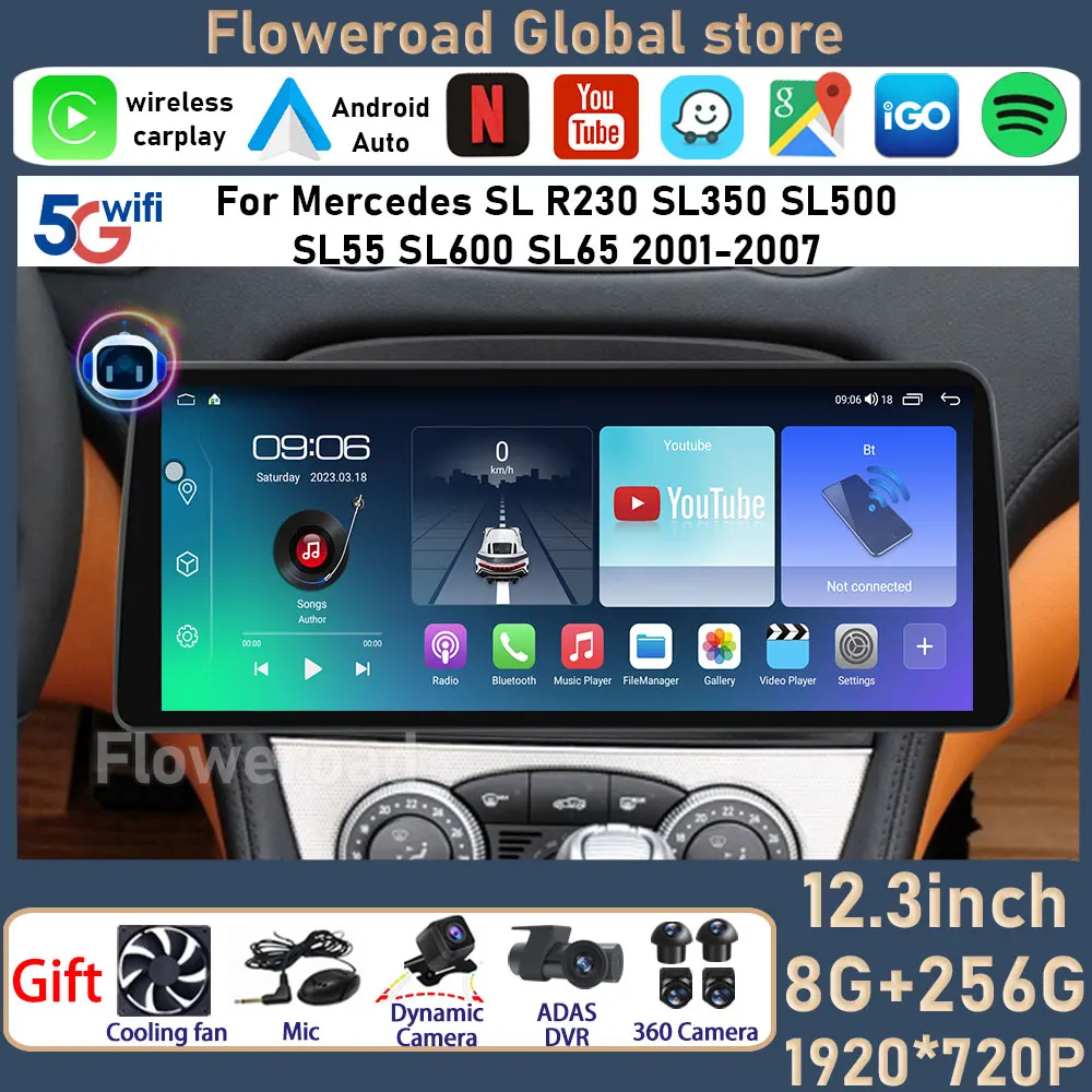 8 + 256G Per Mercedes Benz Sl R230 Sl350 Sl500 Sl55 Sl600 Sl65 2001 - 2007 Autoradio Sistema Di Intelligenza Wireless Carplay Gps
