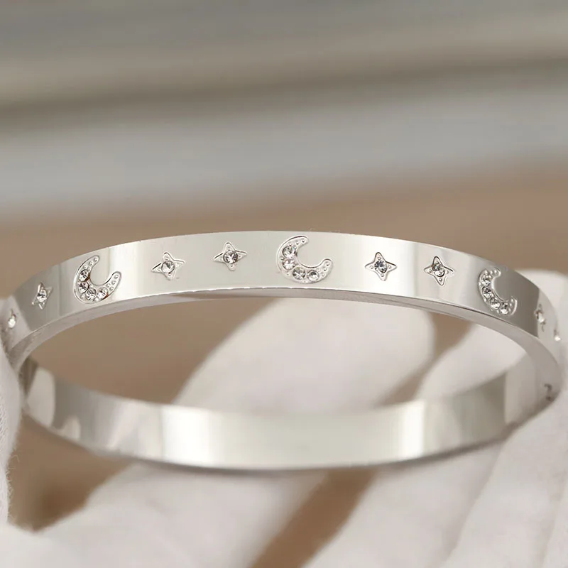 316L Classic Stainless Steel Crystal Star Bracelet for Women Elegant Bangles Rust-proof Moon Bangle Wrist Jewelry 6