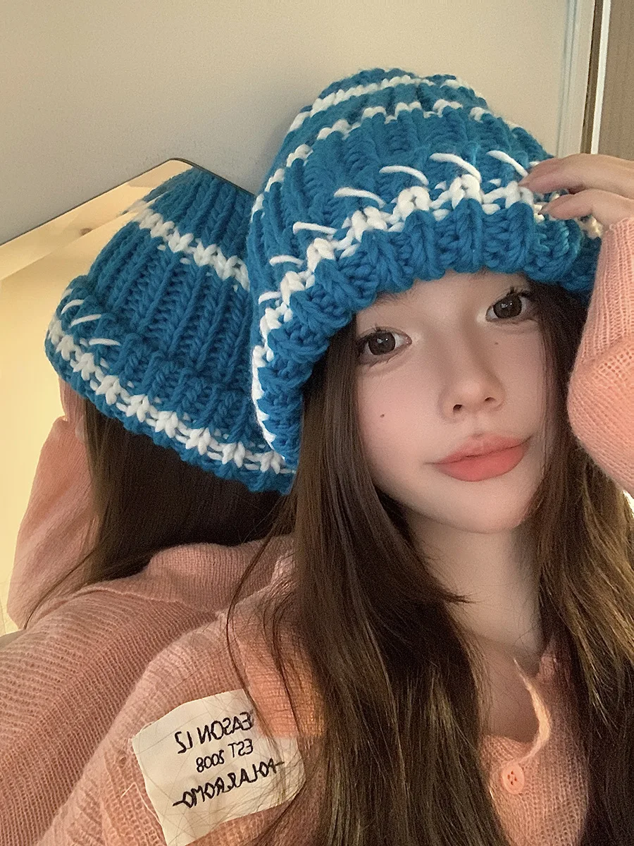 Gebreide beanie muts dames gestreept dik winter warm retro stijl_voghion.com