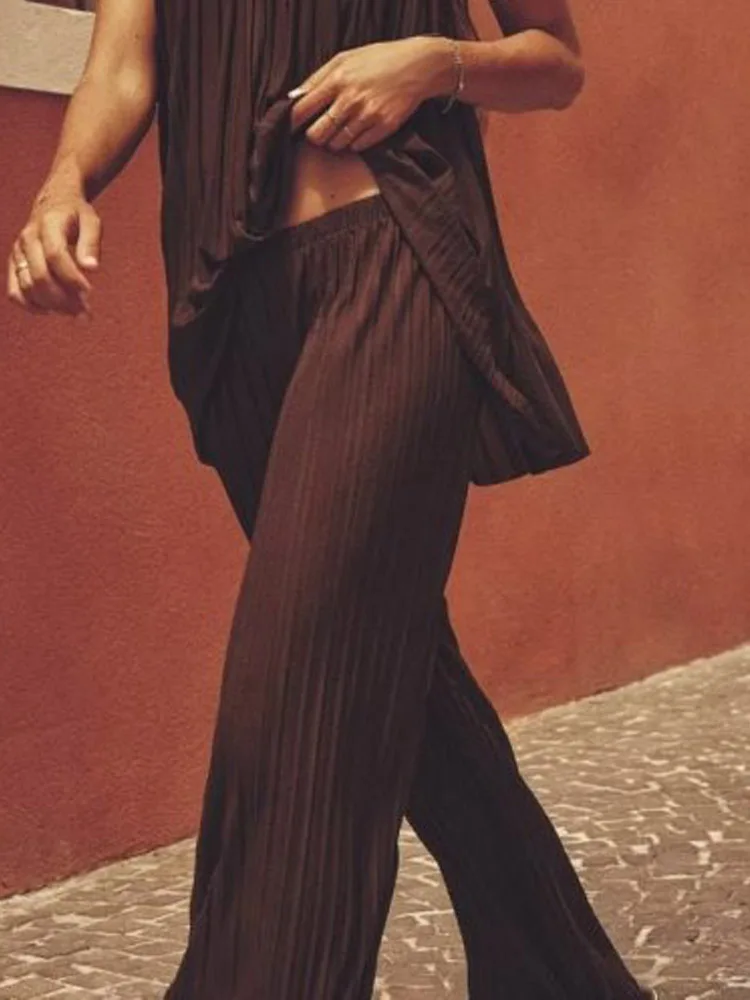 

2023 Women Summer Wide Leg Pants Vintage Solid Pleated Elastic waist Loose Female Elegant Street Pant Trousers Clothing