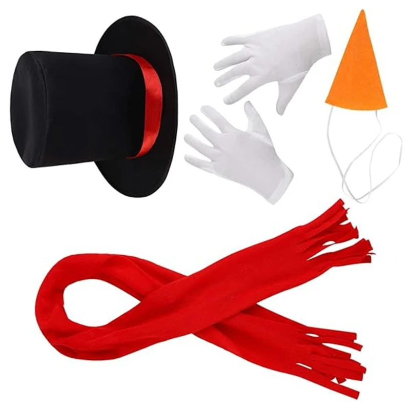 Snowmen Dress Up Costume Set Black Hat Scarf Gloves Kids Role Play Snowmen Costume Fedoras Hat Scarf Nose Headwear Photo Props