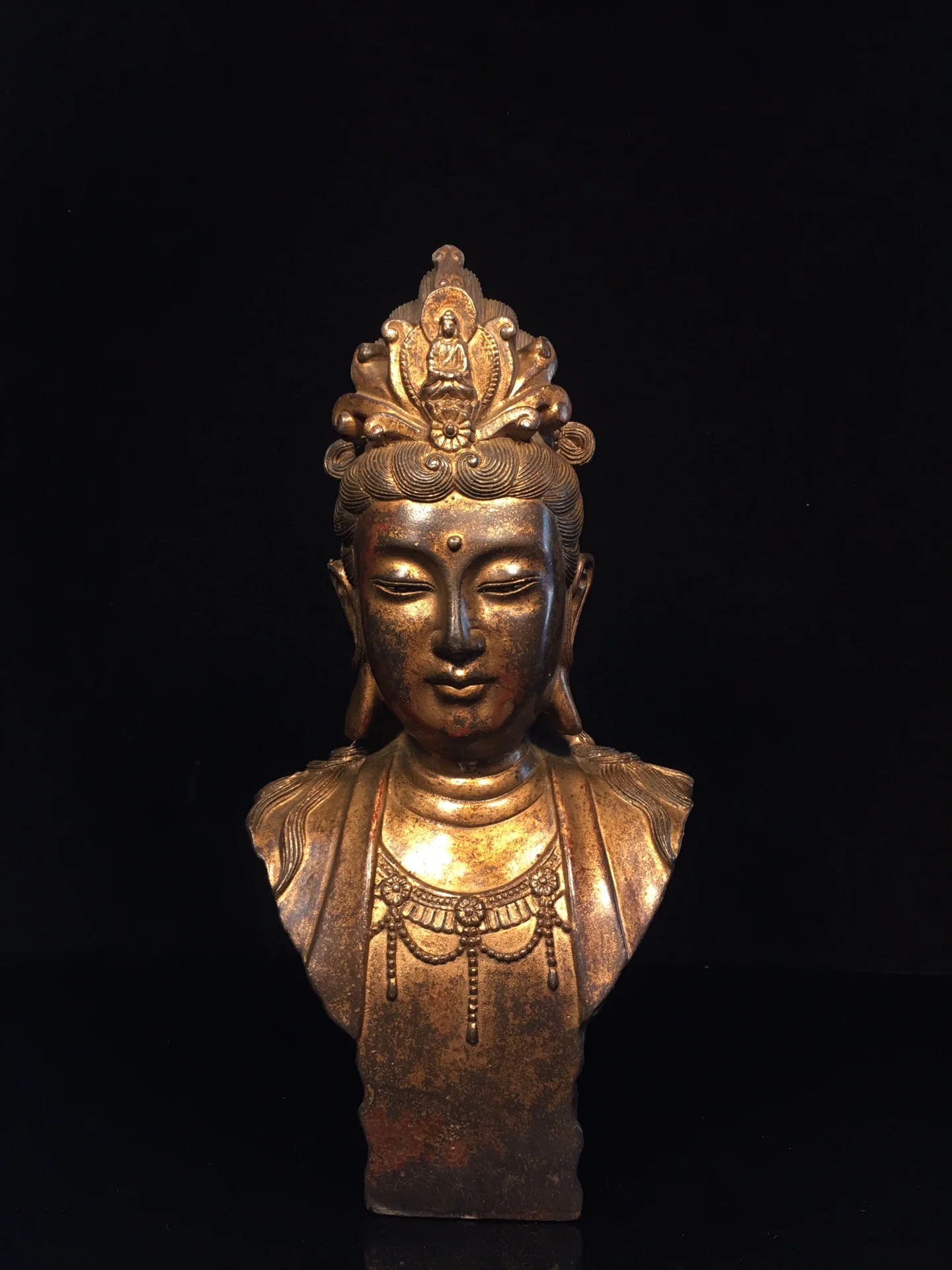 

12"Tibet Temple Collection Old Bronze Cinnabar Mud gold Guanyin Bodhisattva Buddha Head Lotus Platform Worship Hall Town house