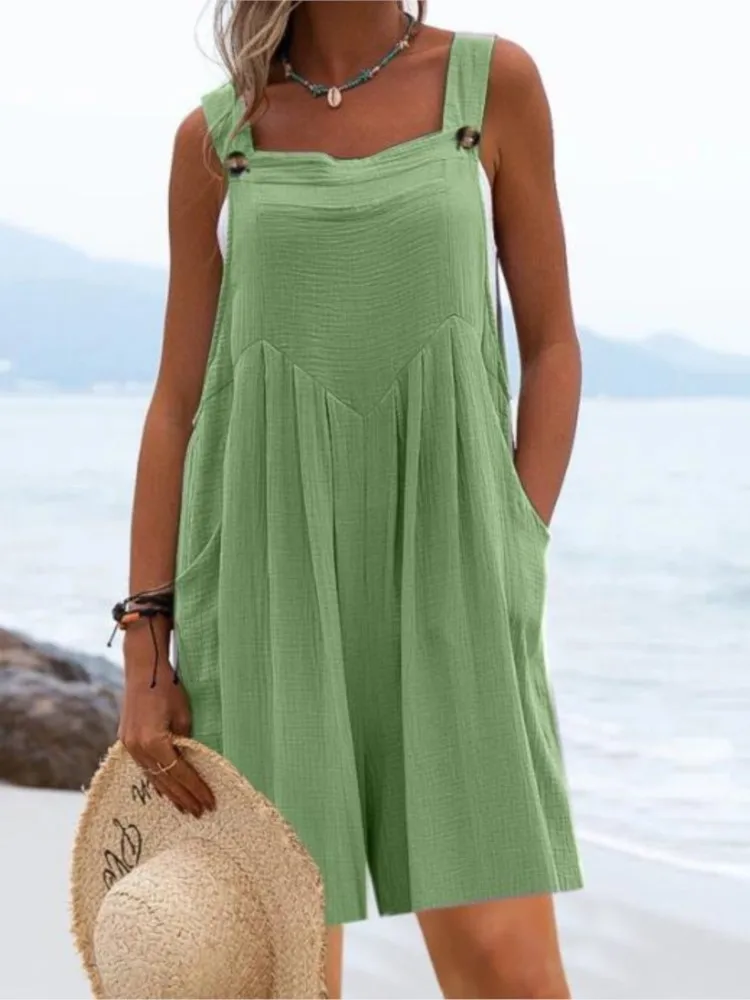 

Casual Romper Women 2023 Summer New Fashion Pocket Design Ruched Square Neck Plain Daily Vacation Wide Leg Suspender Jumpsuit