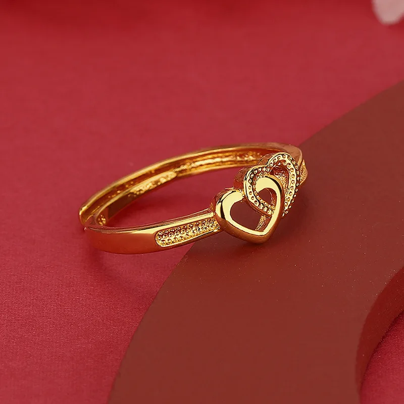 24K Gold AU999 Double Heart Jewelry | Matte hearts with glossy outlines, adjustable opening, versatile for daily wear - 4