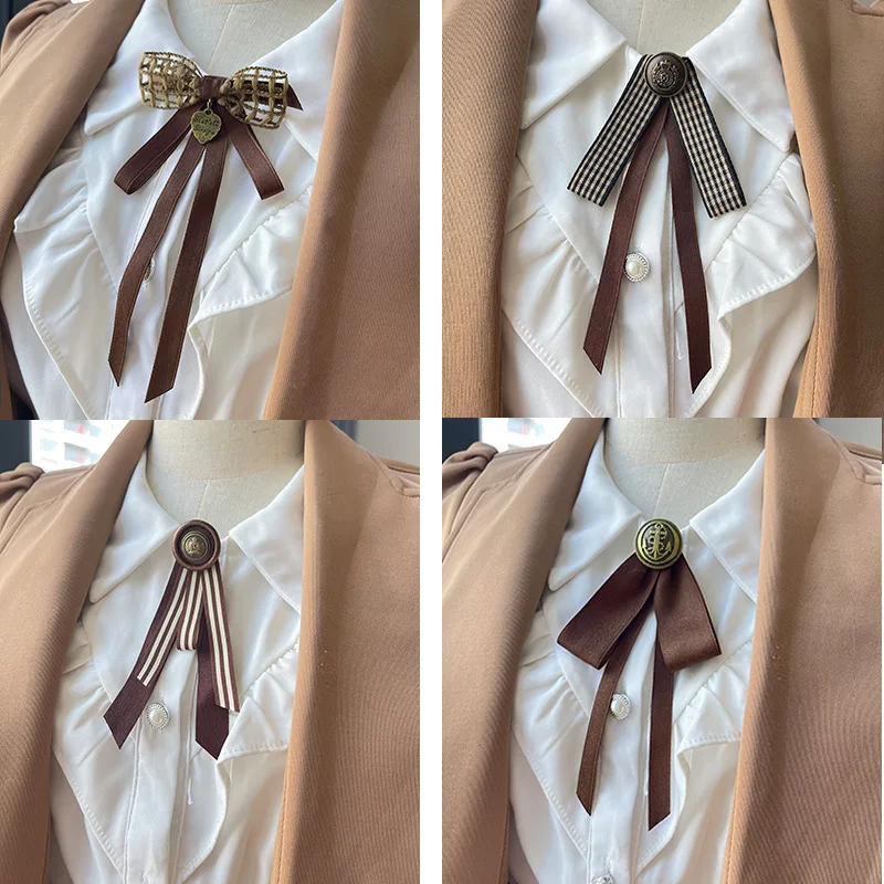 KoreanRibbonBowknotBroochesforWomenBritishStyleLaceShirt