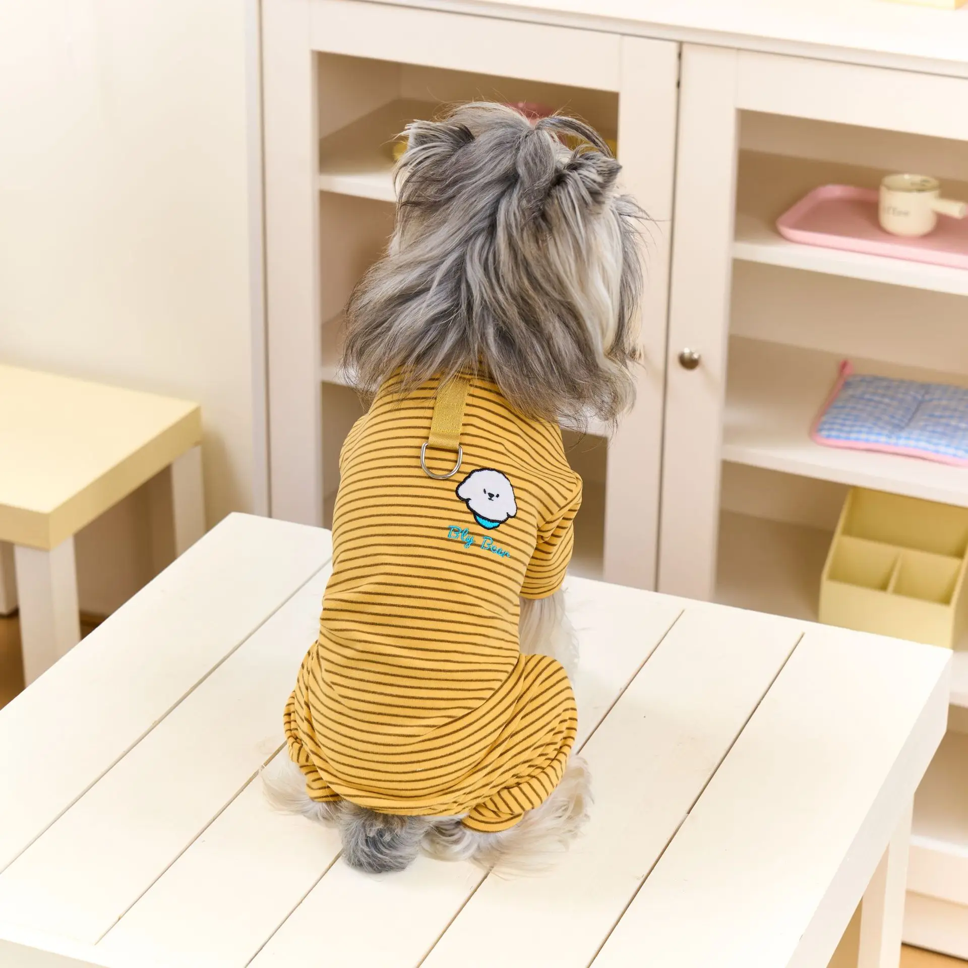 Randig hundpyjamas i fleece vinteroverall för hundar_voghion.com