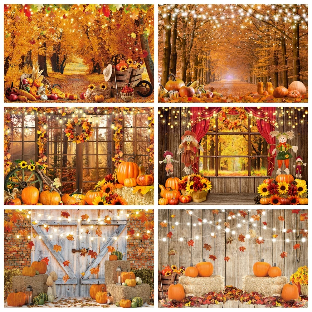 

Fall Backdrop Autumn Scenery Farm Warehouse Pumpkin Haystack Barn Maple Leaves Sunflower Kids Portrait Photography Background
