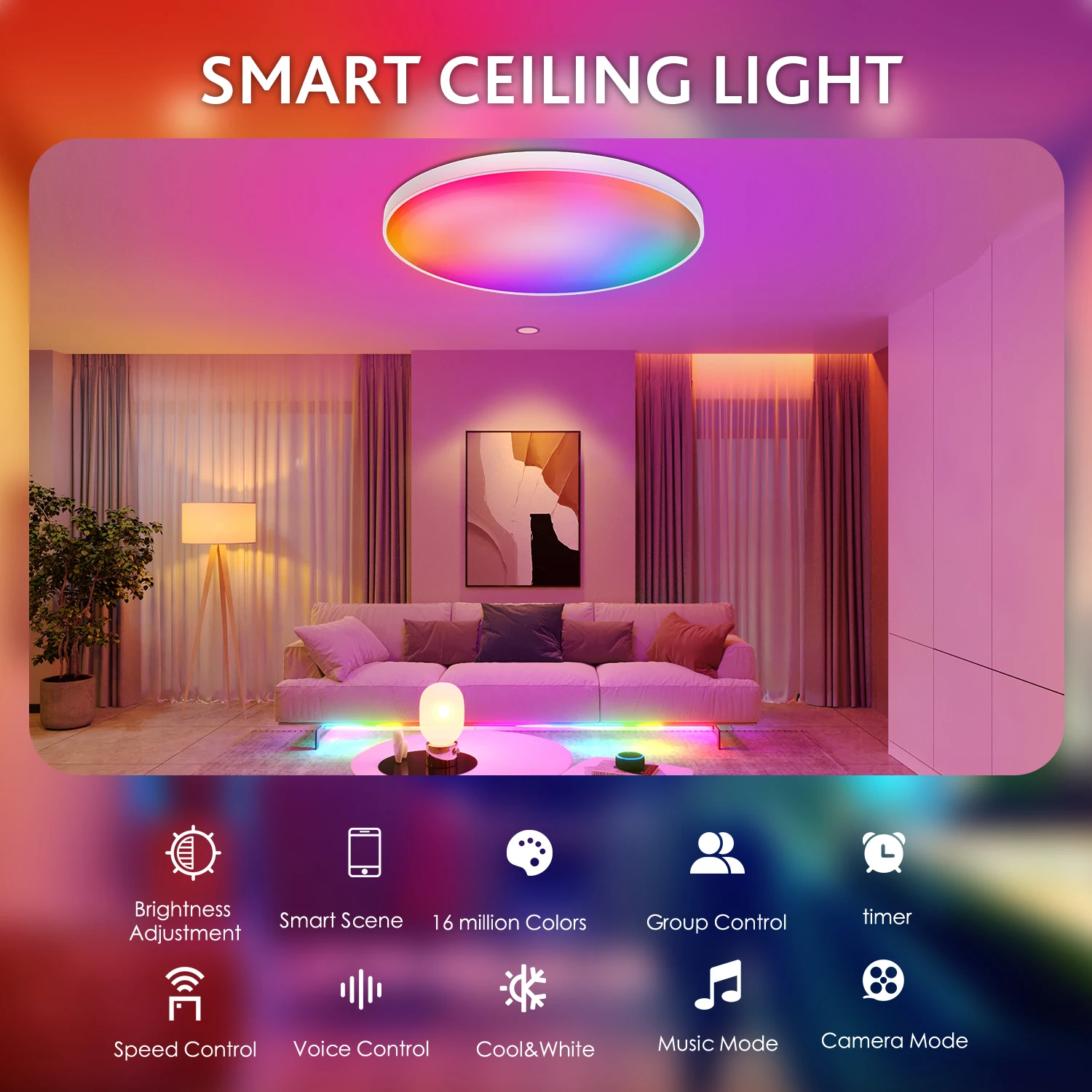 30W/48W RGB Flush Mount Ceiling Light, Smart Ceiling Light with