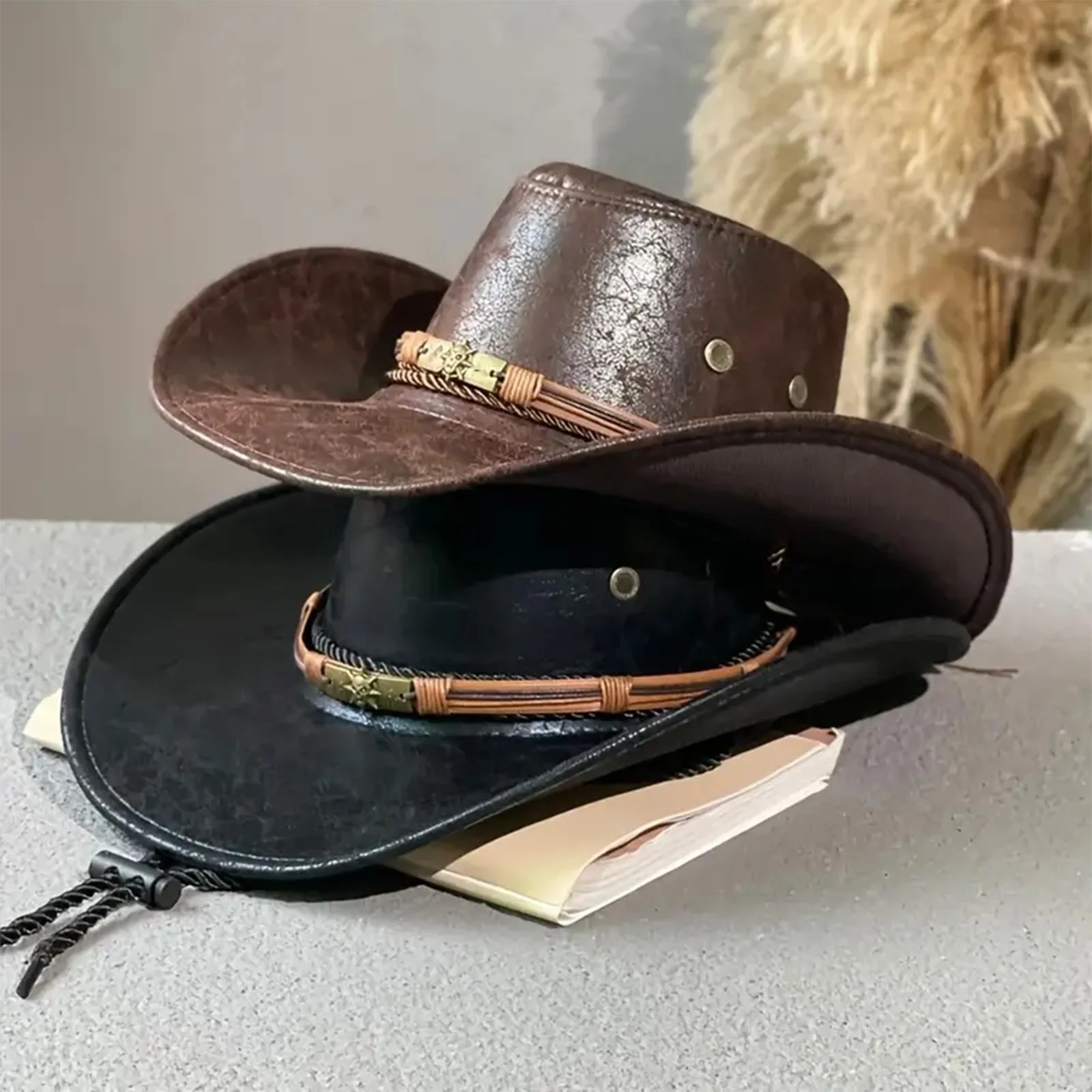 Men Women Beach Hat Western Style Cowgirl Hat Stylish Belt Design PU Wide Brim Sun