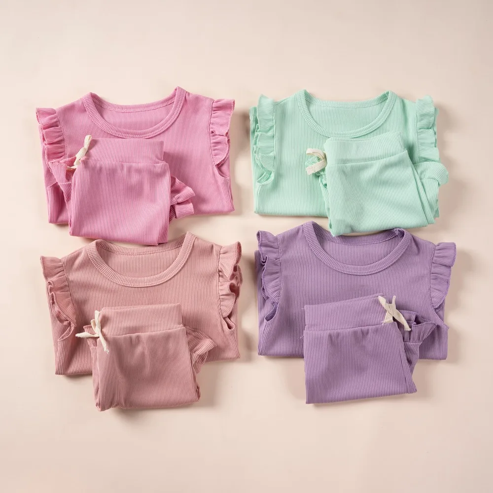Girls Summer Suit Solid Color Short Sleeve Shorts 2PCS
