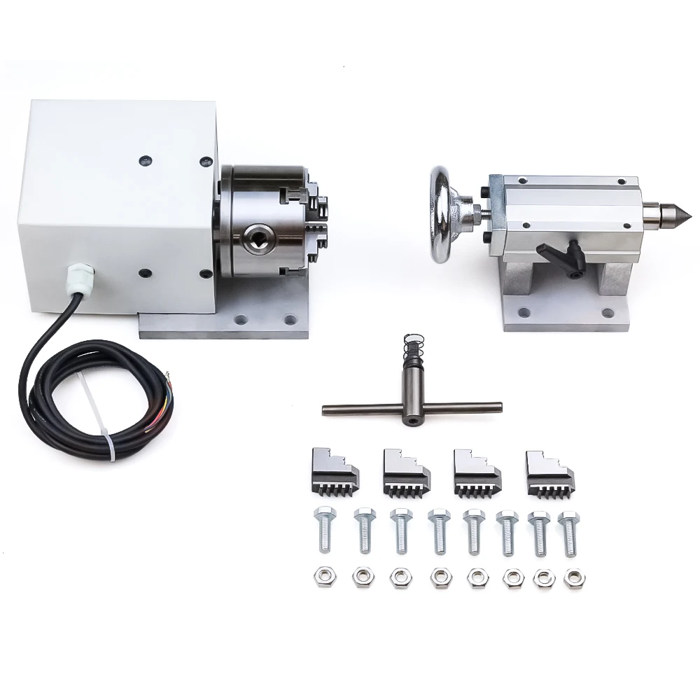 

4th Axis Dividing Head 6:1 Rotation Axis CNC Rotary Axis 4 Jaw Chuck 80mm Activity Tailstock for CNC Router Engraver Milling