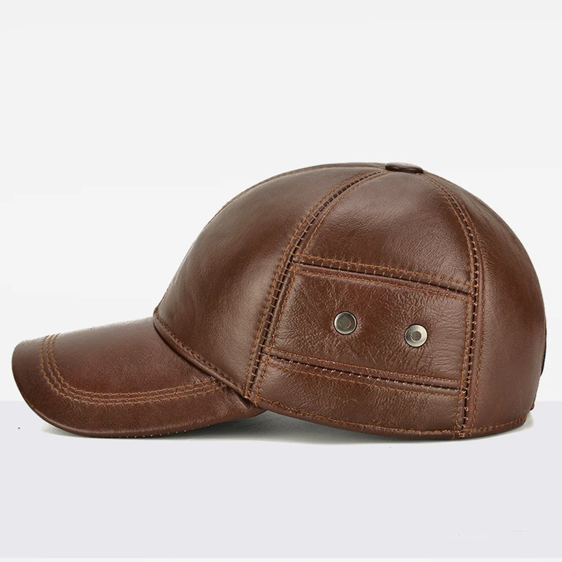 2025 New Style Men Cowhide Hat Winter Warm Outdoor Protect Ear Real Leather Adjustable Baseball Cap Men Real Cowhide Leather Cap 3