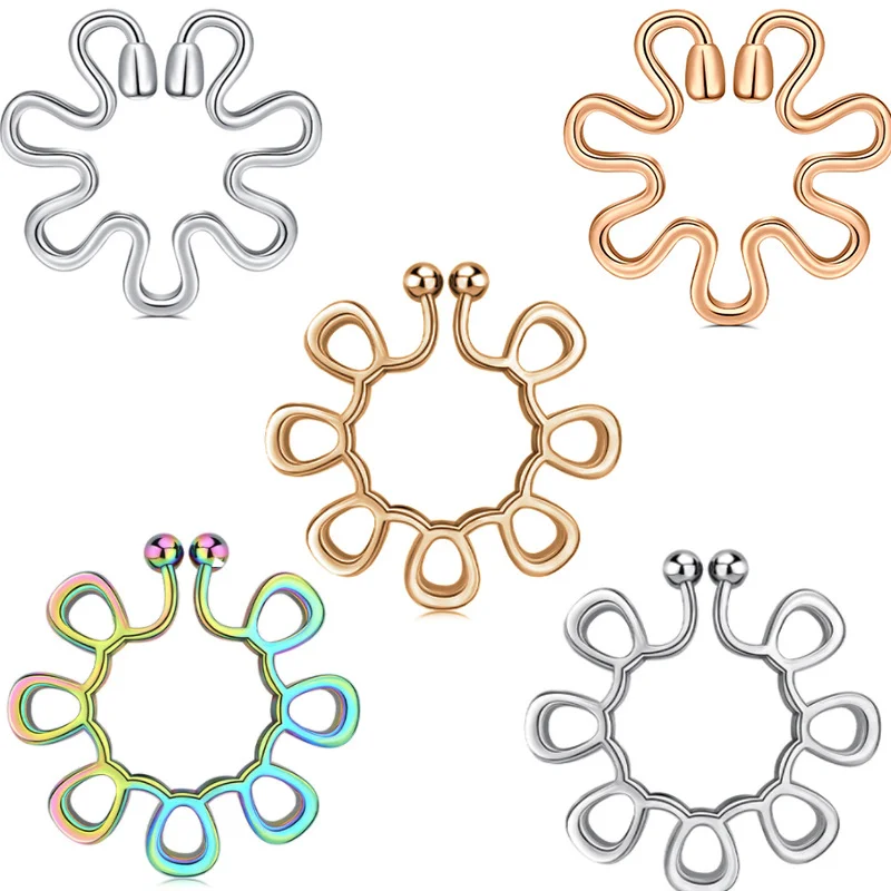 2Pcs No Piercing Nipple Jewelry - Stainless Steel Fake Nipple Rings With Bells