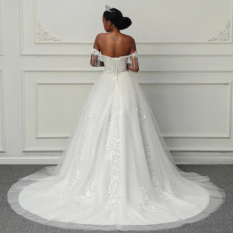 Customized Boat Neck Wedding Dresses for Women flower pattern tassel vestidos de novia robe de mariée Wedding Ceremony Dress 6