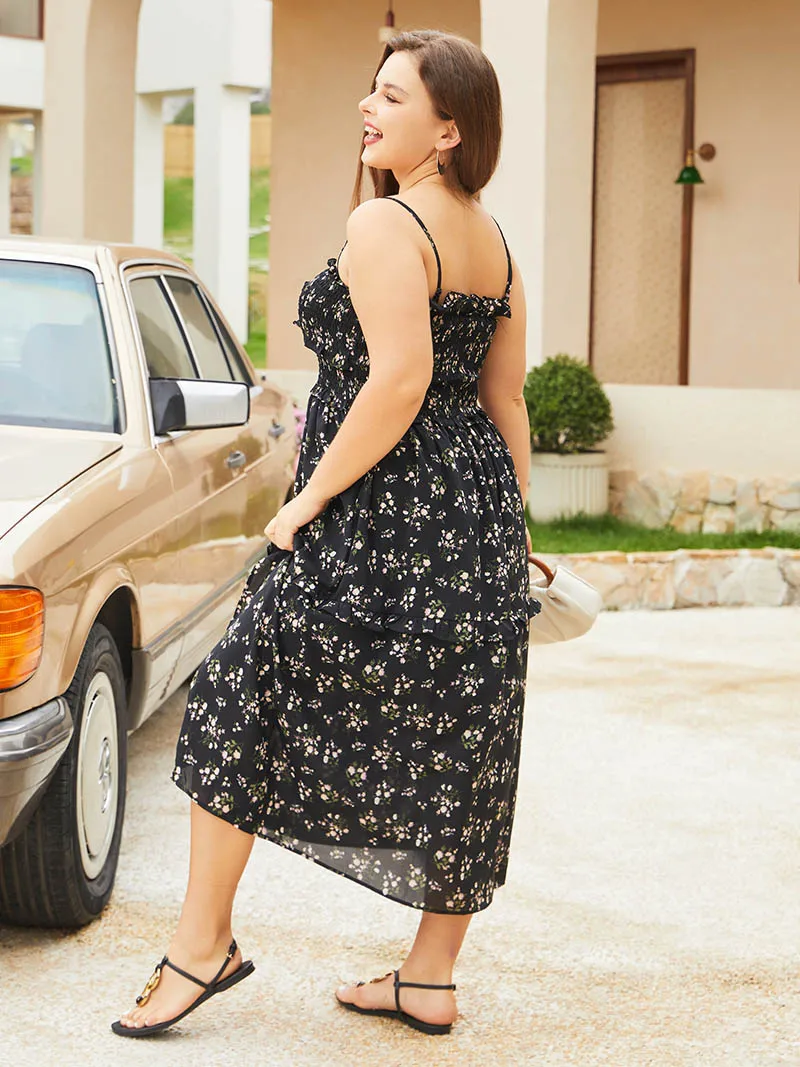 Sleeveless Black Floral Chiffon Long Big Size Dress Women Side Slit Sexy Plus Size Maxi Dresses For Women Summer 2023