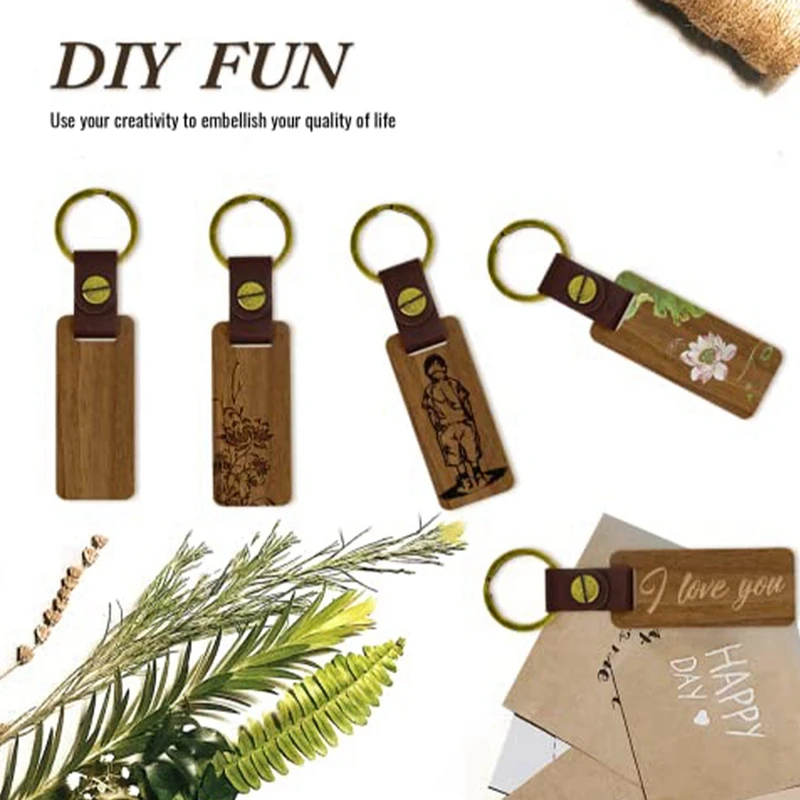 20 PCS Unfinished Wood Crafts Rectangle Leather Keychain Blank Wooden Walnut With Keyring For DIY