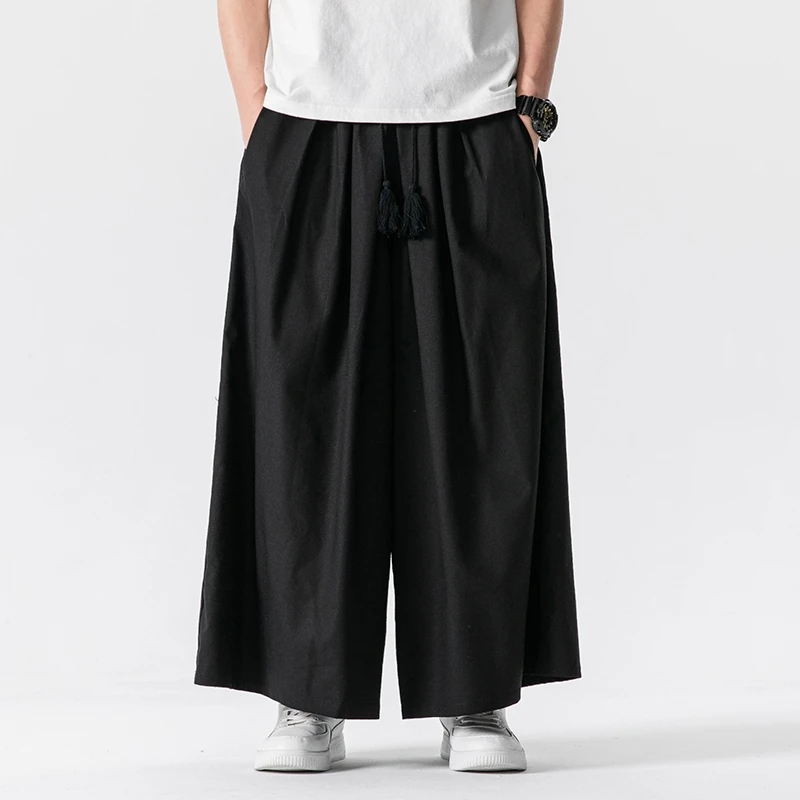 Chinese Style Loose Wide Leg Pants Men Spring Summer Cotton Linen Casual Trousers Mens Harajuku Vintage Elastic Waist Pants 5XL