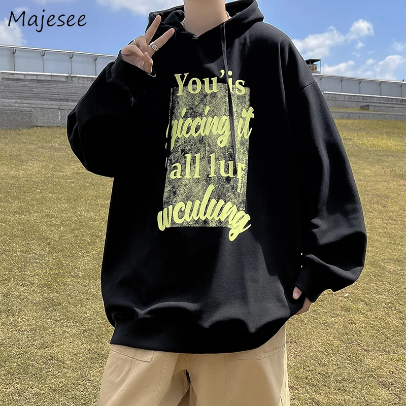 

With Hat Hoodies Men Print Letter American Chic Loose Simple High Street Vintage Hooded Hoodie Casual Autumn New Fashion Hip Hop