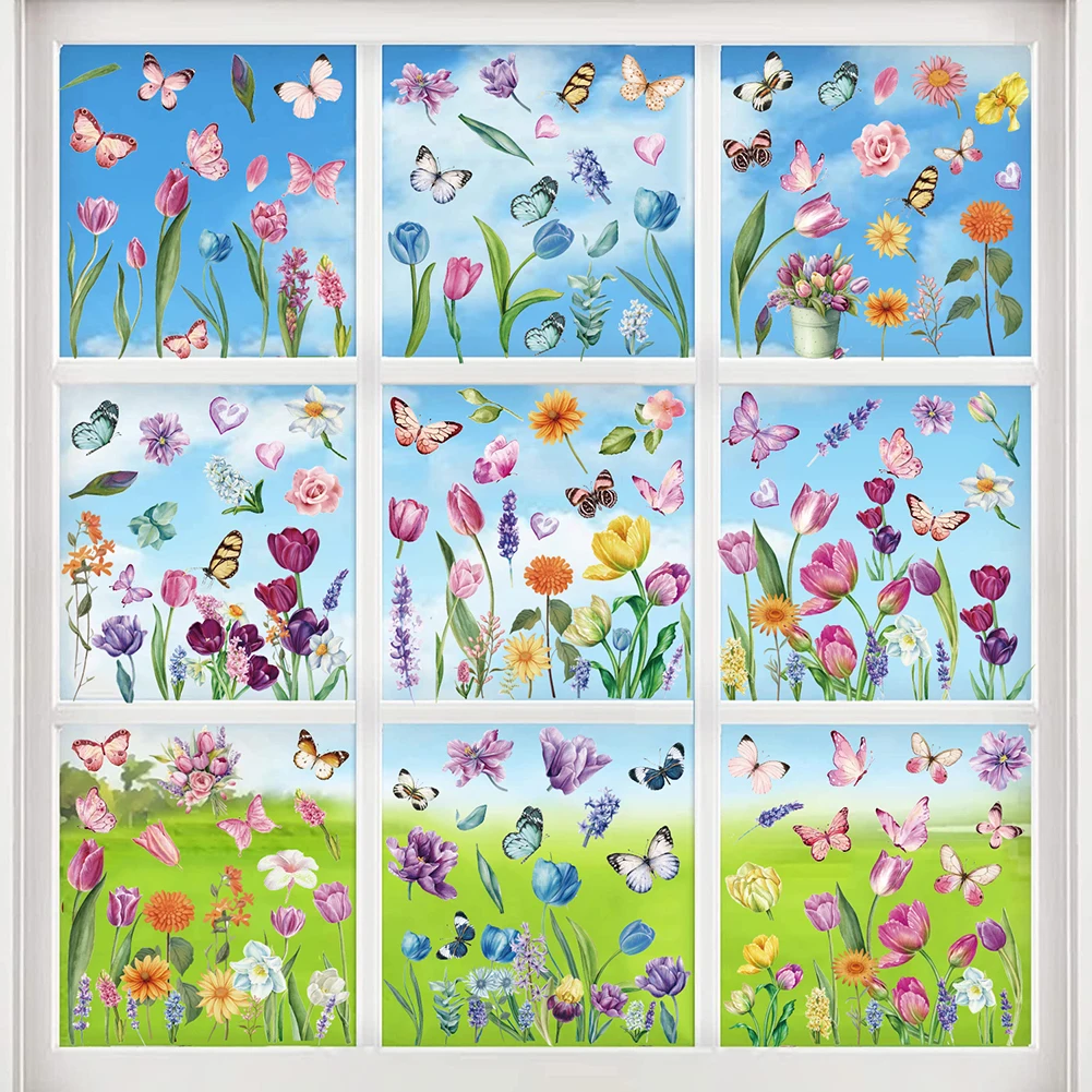 9 Sheets Window Clings Stickers Double-Sided PVC Watercolor Tulip Butterfly Flower Static Window Decal