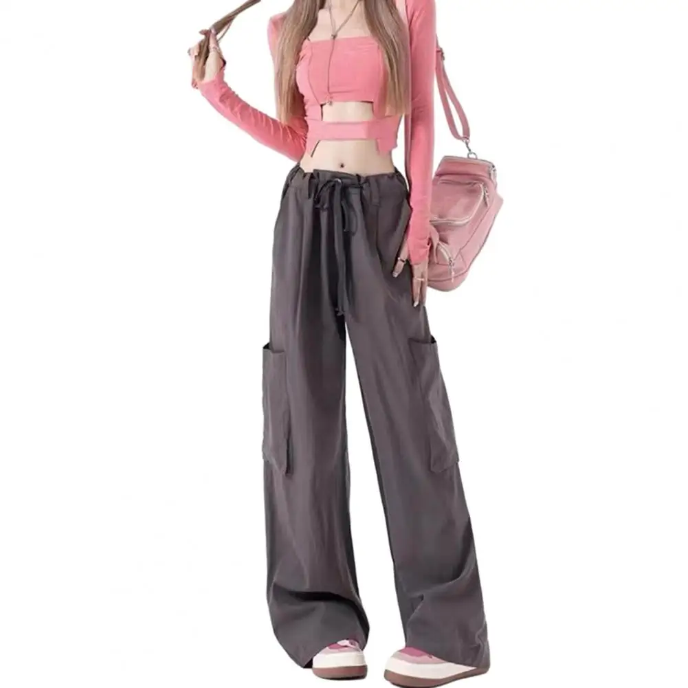 

Women Cargo Pants Hip Hop Solid Color High Waist Oversized Drawstring Streetwear Wide Led Multi Pockets Women Summer Trousers