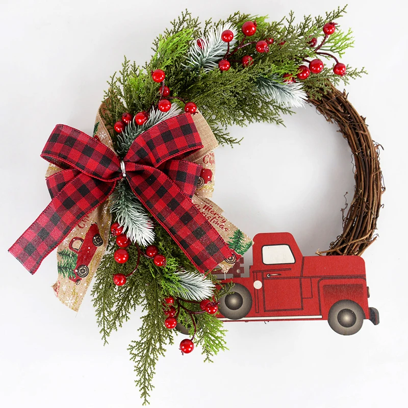 

Christmas Door Wreath Garland 38cm Wooden Car Red Berry Bowknot Wall Hanging Ornaments Merry Christmas New Year Home Decorations