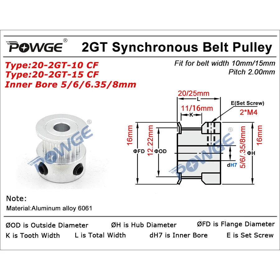 Timing Pulley 20 Teeth 2GT 2MGT Bore 5/6/6.35/8mm for Belt width 10/15mm GT 2M Synchronous Belt Small Backlash 20T 20Teeth timing belt pulley timing pulley fixed pulley belt pulley