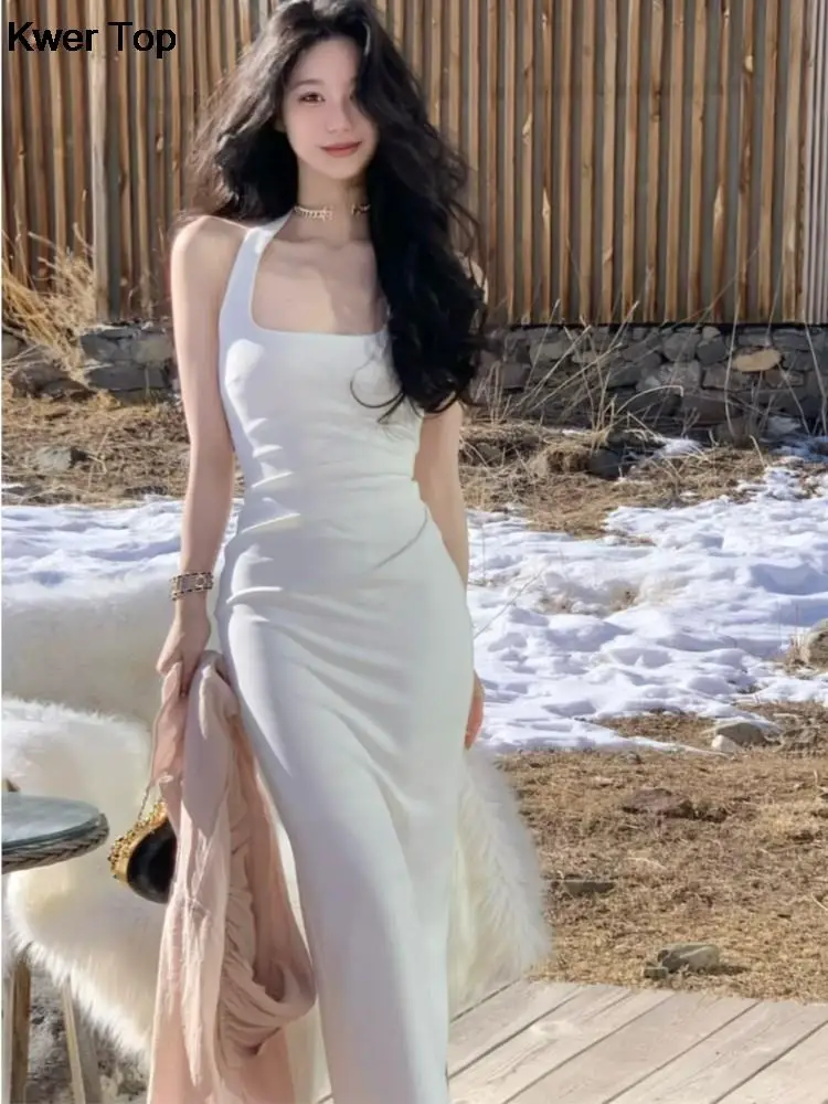 

Simple Solid Bodycon Halter Party Dress Summer Women Elegant Backless White Clothes Female Sleeveless Vestidos