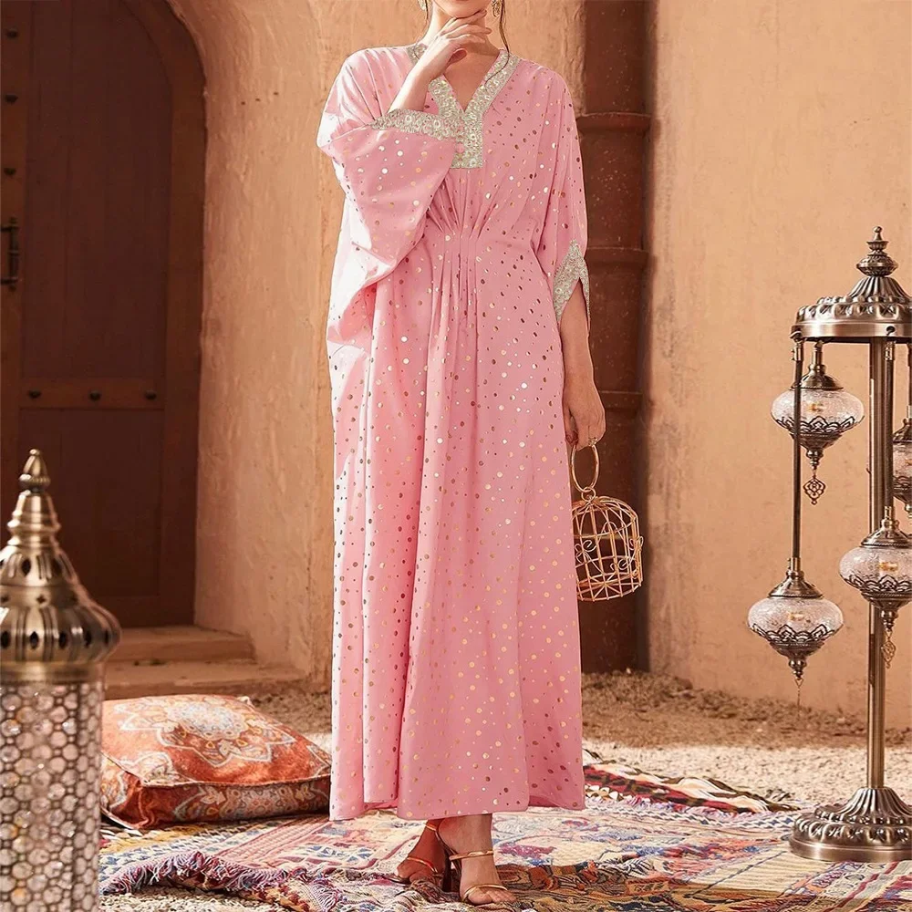 

Kaftan Pink Dress with Polka Dot Hot Stamping and Waistband Feature Lace Dress