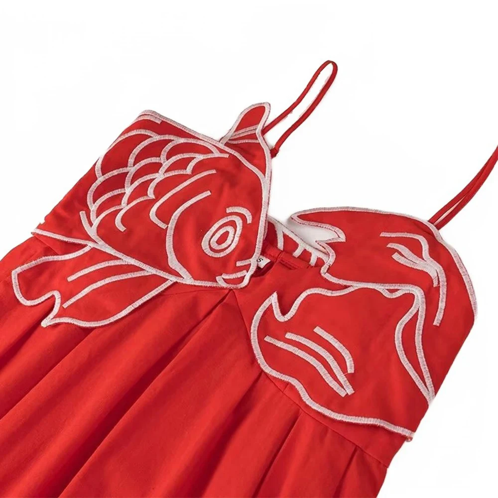 Red Embroidered Koi Halter Dress - V Neck A Line Mid-Calf Dress For Women